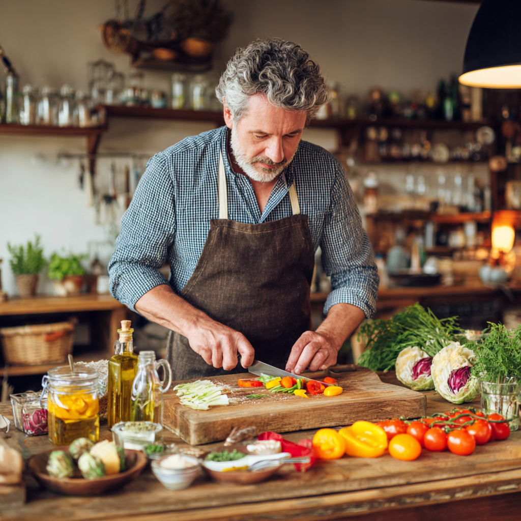 Mature man cooking healthy meal with fresh ingredients on wooden cutting board