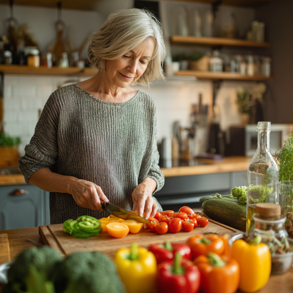 Middle-aged woman preparing healthy colorful vegetables in modern kitchen